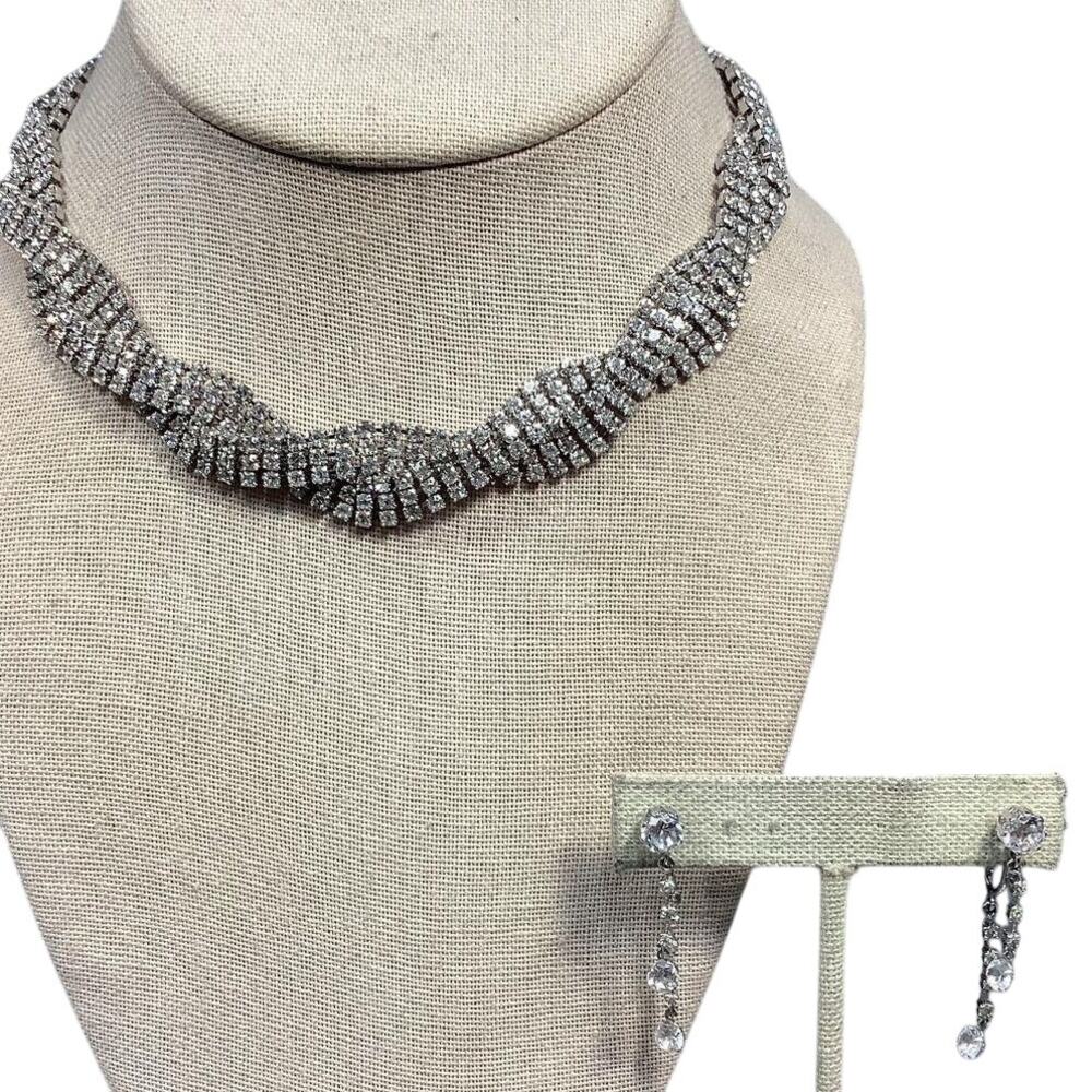 Panetta Earrings & Matching Necklace Set Silver Tone Crystal Bridal 90s